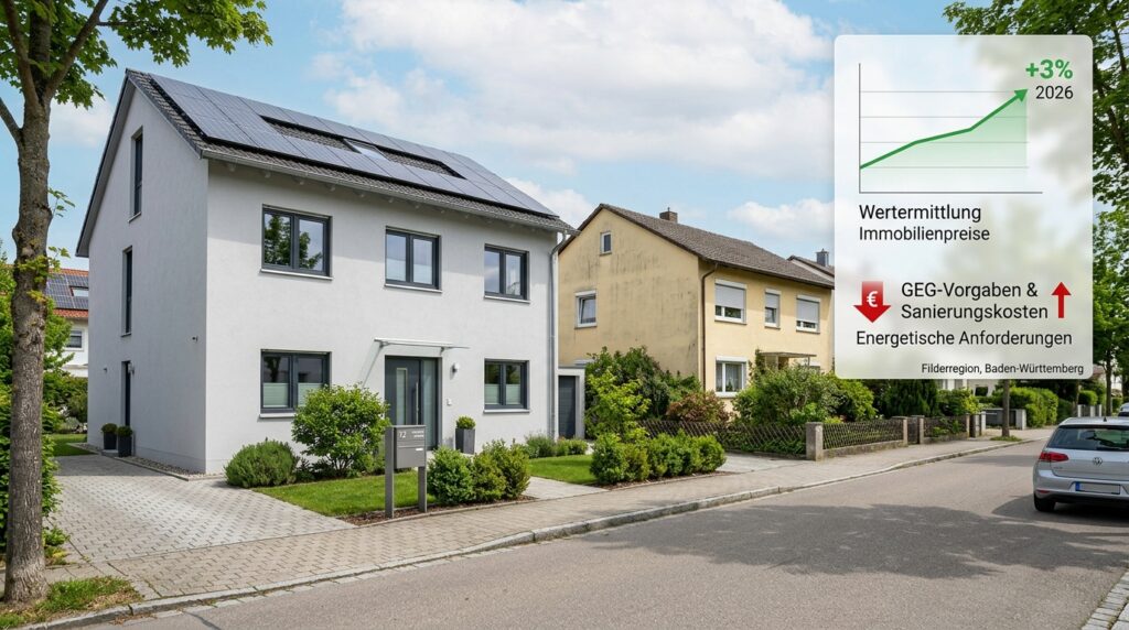 Älteres Wohnhaus in der Filderregion mit Hinweisschild zur energetischen Sanierung