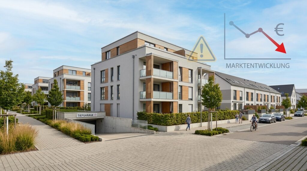 Neubauquartier in Esslingen mit Baustellenkran und Wohngebäuden am Abend