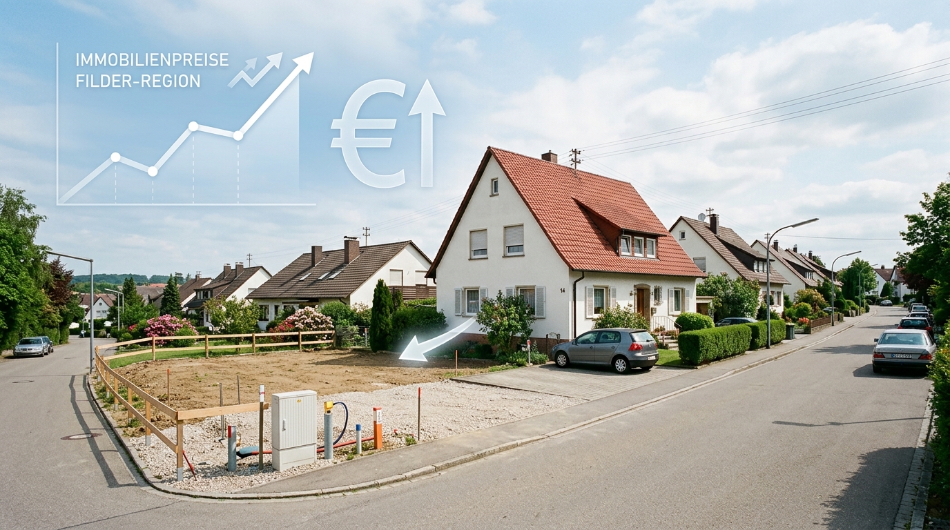 Luftaufnahme der Filderregion mit Wohnbebauung und Baugrundstücken als Symbol für hohe Grundstückspreise