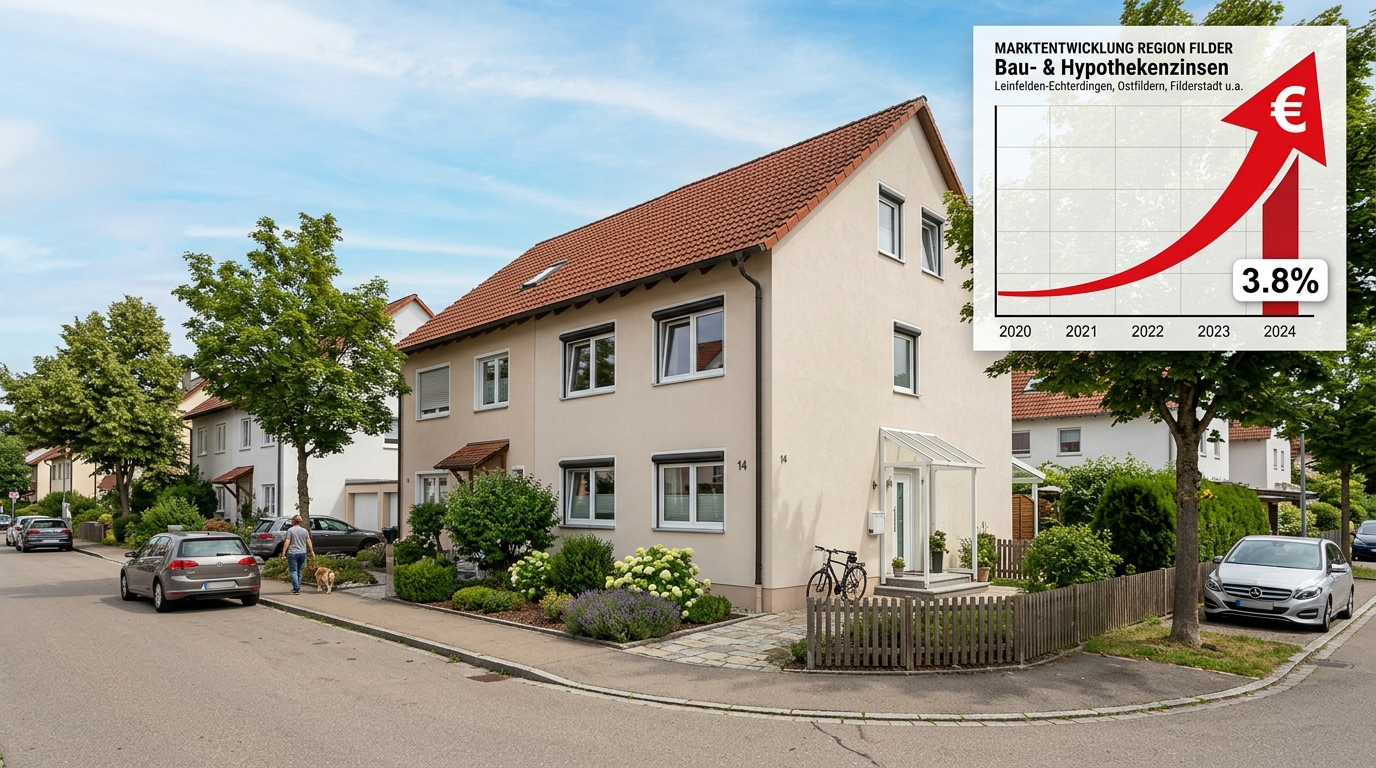 Blick auf Einfamilienhäuser und Wohngebiete in der Filderregion unter wechselndem Himmel
