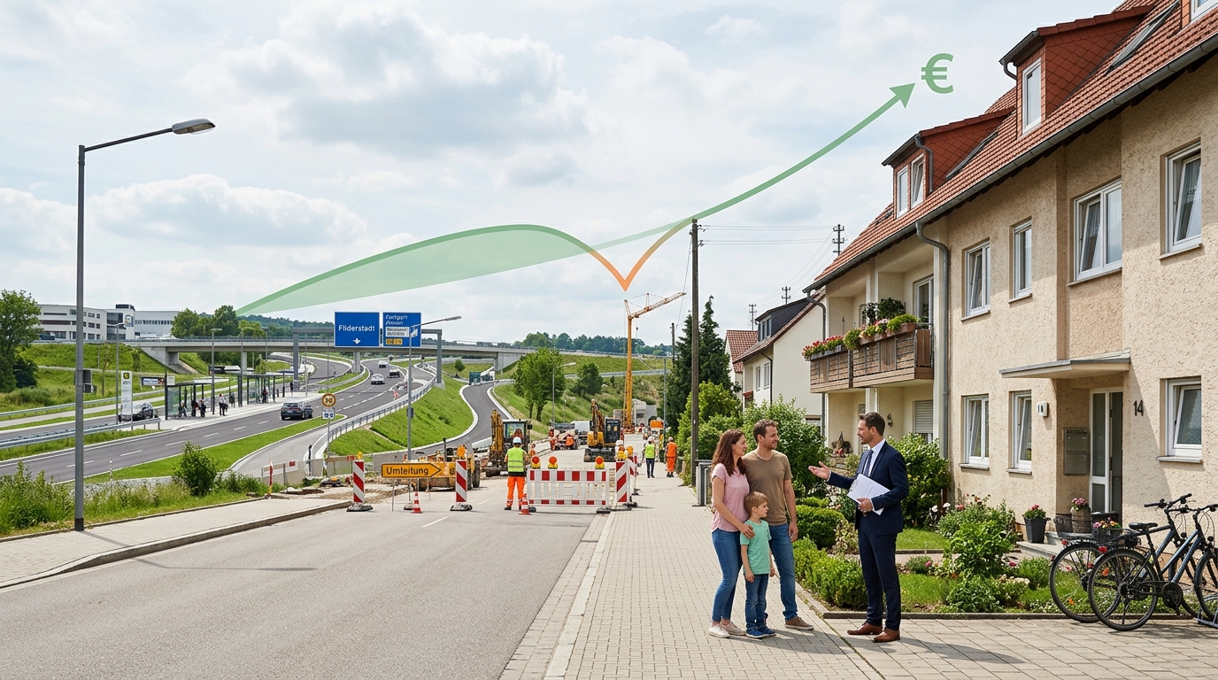 Baustelle an einer Straße bei Wohnhäusern in der Filderregion, Straßenbau beeinflusst Immobilienwerte