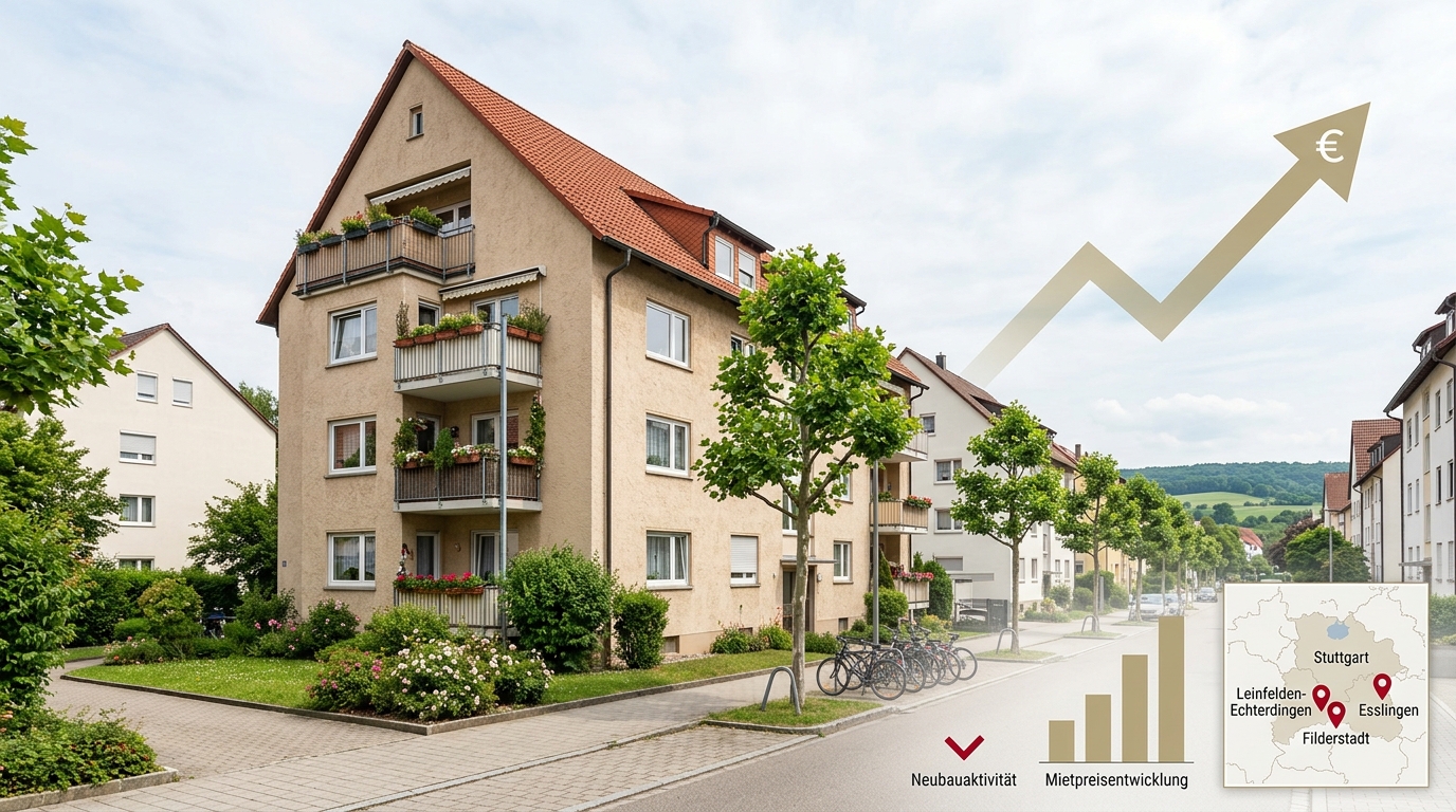 Wohnhäuser in der Filderregion mit Hinweis auf steigende Mieten und Neubaueinbruch