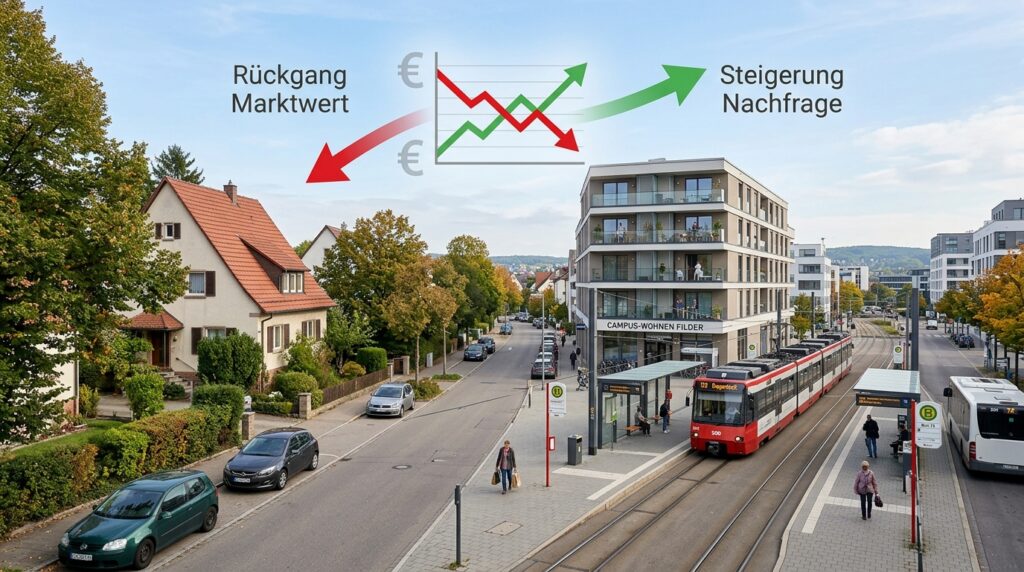 Luftaufnahme der Filderregion mit Einfamilienhäusern und Stadtzentrum als Symbol für regionale Wertentwicklung