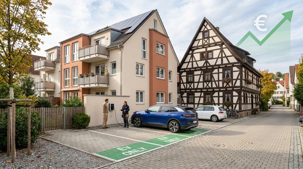 Elektroauto lädt an einer Wallbox vor einem Wohnhaus in Esslingen – Symbol für Immobilien und Ladeinfrastruktur