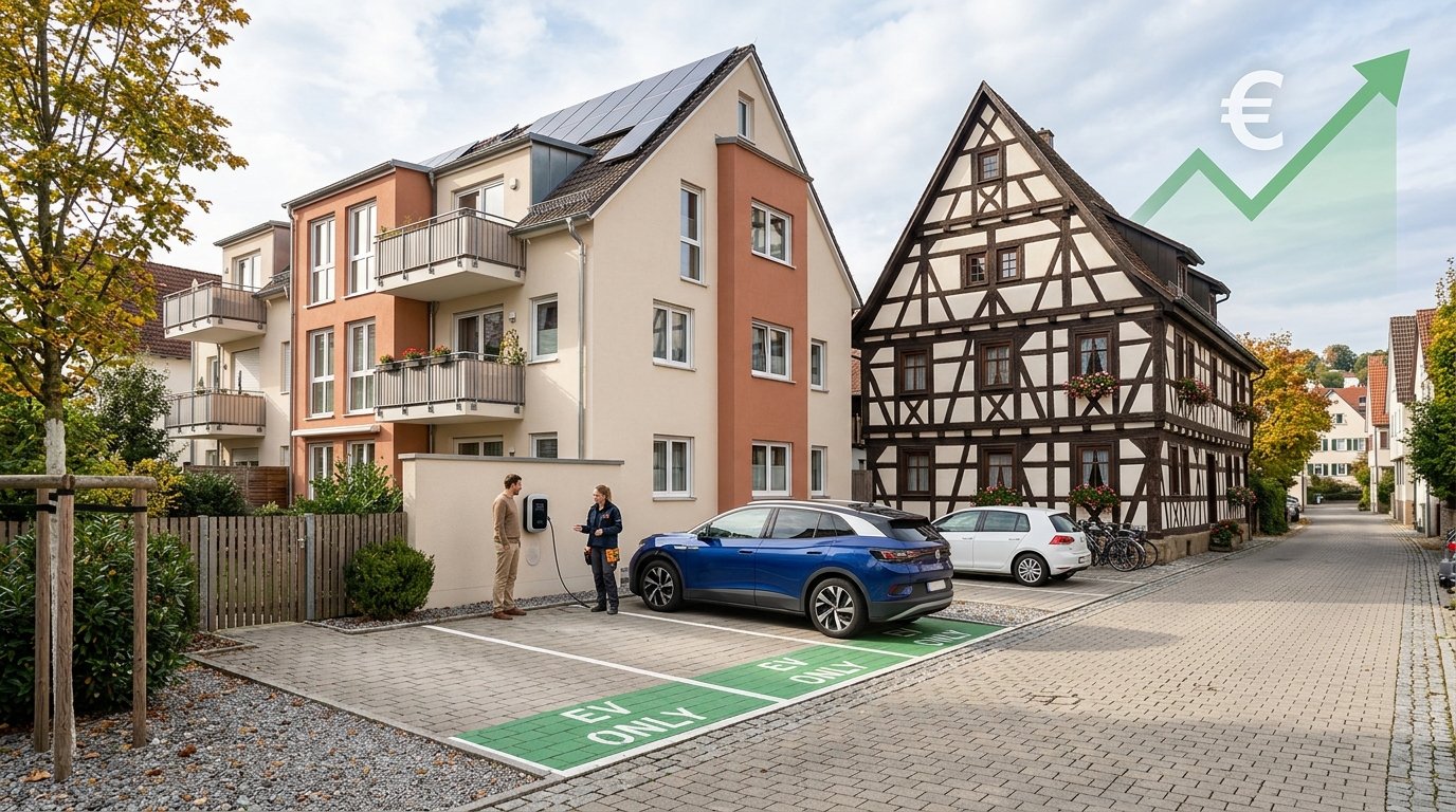 Elektroauto lädt an einer Wallbox vor einem Wohnhaus in Esslingen – Symbol für Immobilien und Ladeinfrastruktur