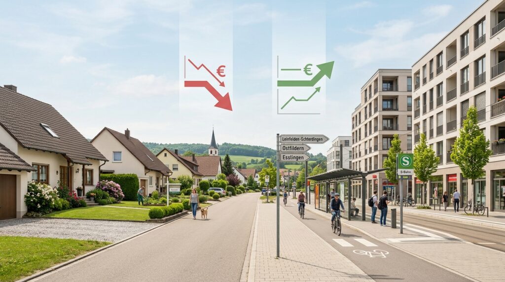 Vergleich Einfamilienhaus und Eigentumswohnung in der Filderregion vor urbanem Hintergrund