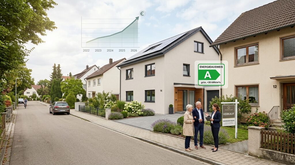 Zu verkaufen Schild vor Wohnhaus in der Filderregion mit Blick auf Energieeffizienz und Marktaktivität