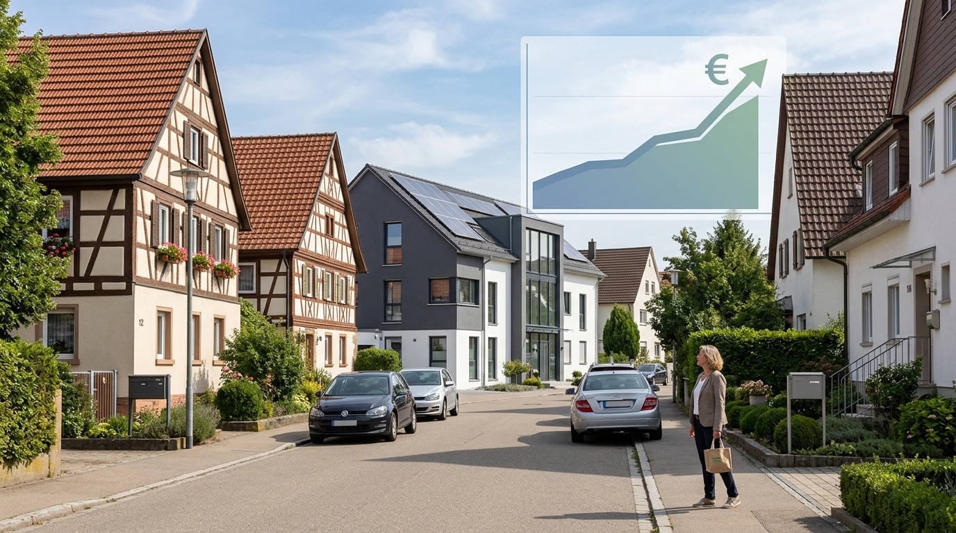 Wohnhaus in der Filder-Region vor Baustelle als Symbol für steigende Baupreise und knapperes Angebot