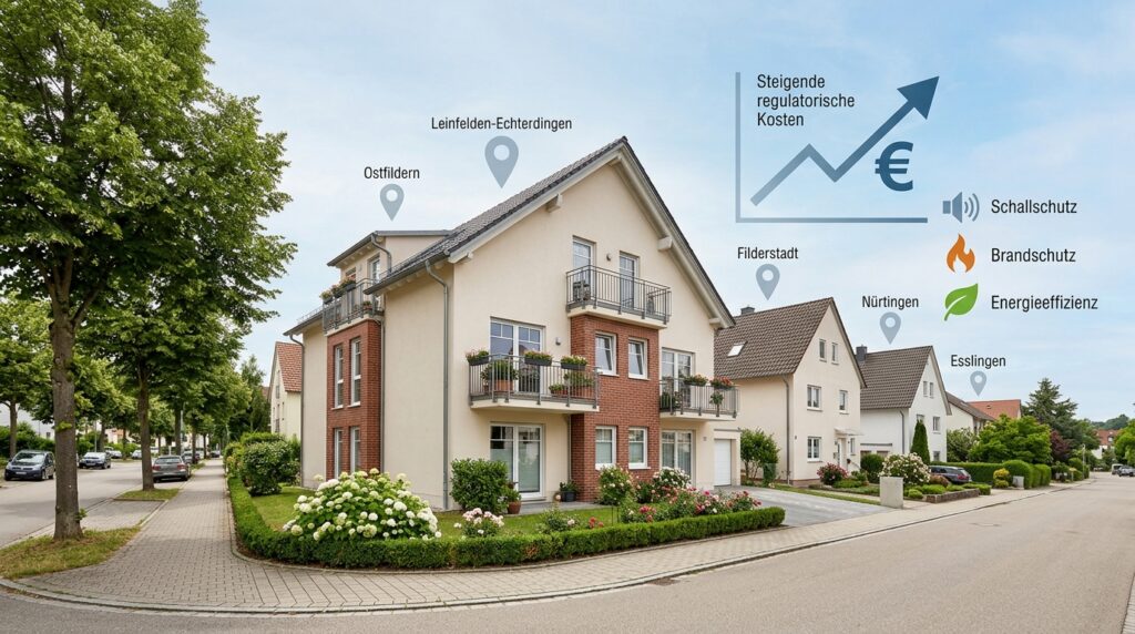 Eigentümer besprechen Baupläne vor Wohngebäude – Symbol für Normen und Bürokratie im Bauwesen 2026 in der Filder-Region