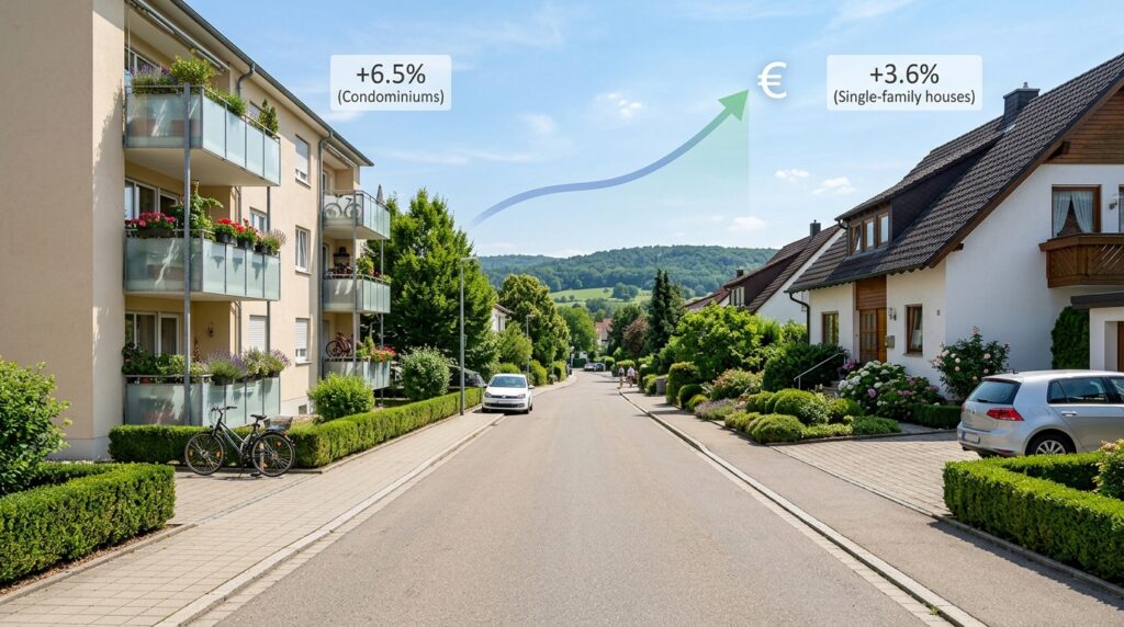 Wohnhäuser und Eigentumswohnungen in der Filder-Region an einem sonnigen Tag