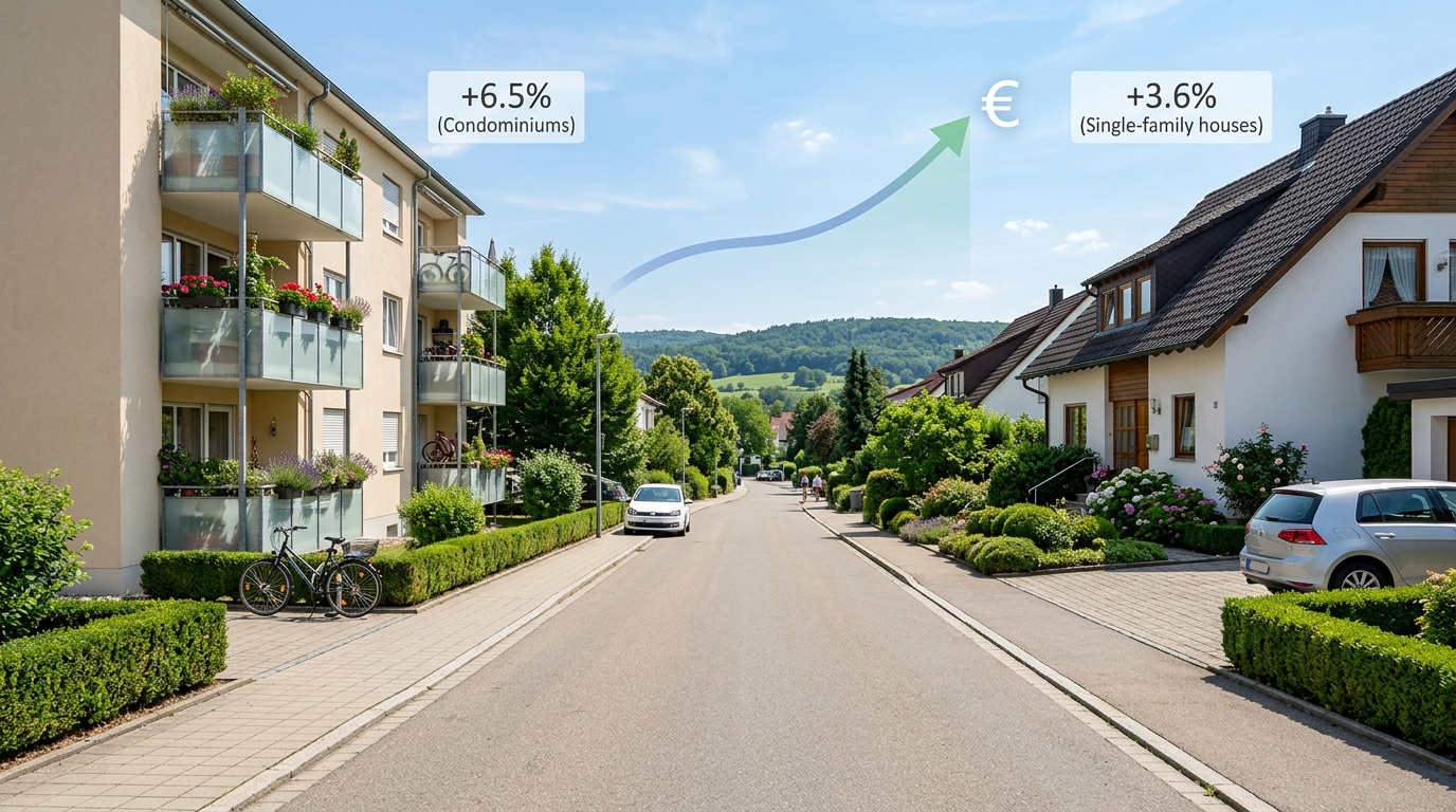 Wohnhäuser und Eigentumswohnungen in der Filder-Region an einem sonnigen Tag
