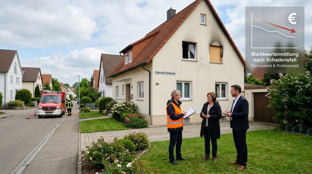 Beschädigtes Wohnhaus nach Brand in Filderstadt-Bernhausen mit sichtbaren Sicherungsmaßnahmen