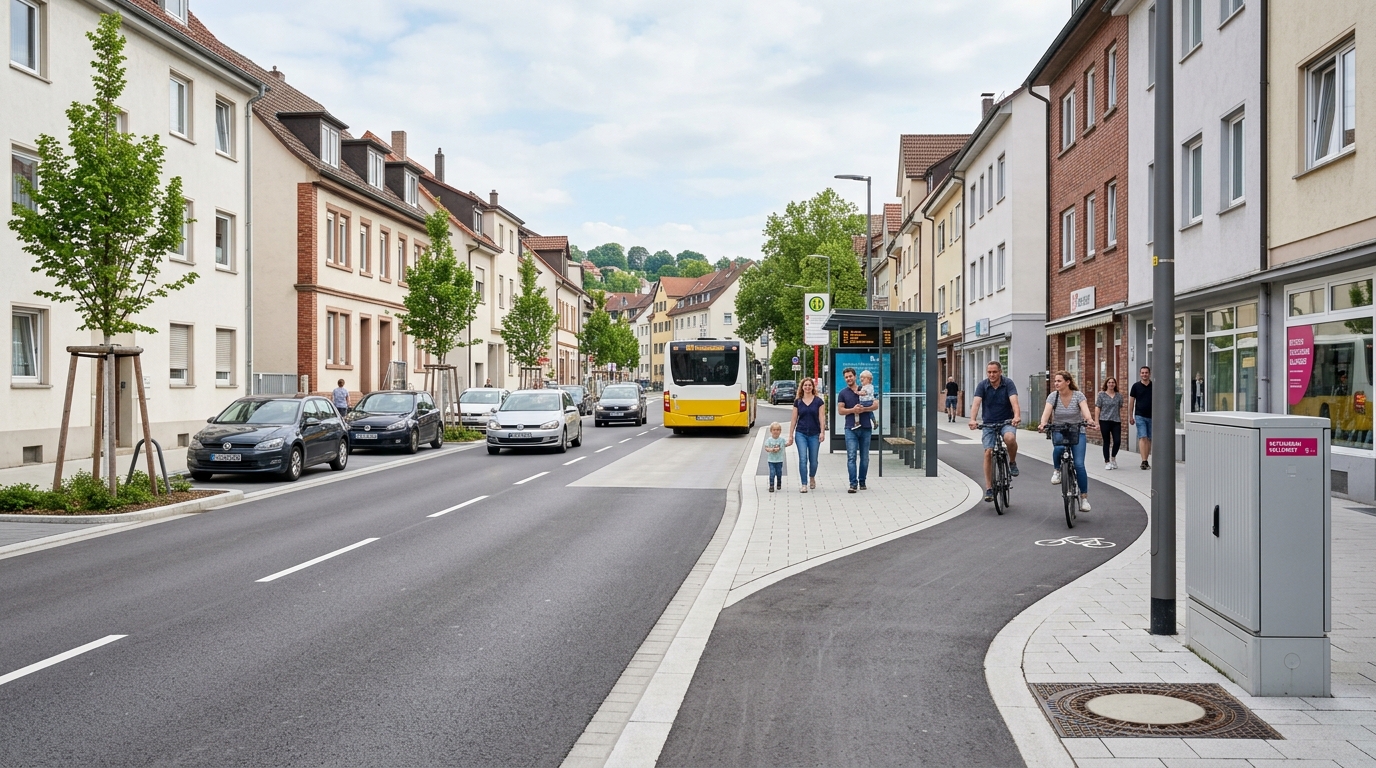 Abgeschlossenes Bauprojekt Ulmer Straße in Esslingen mit wiederhergestelltem Verkehrsfluss
