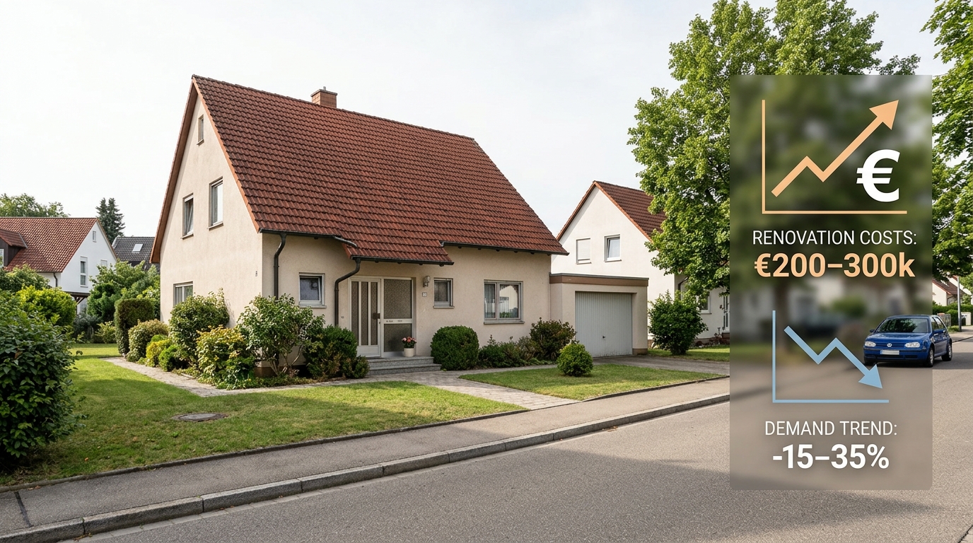 Einfamilienhaus in Nürtingen mit sichtbarem Renovierungsbedarf an Fenstern und Fassade