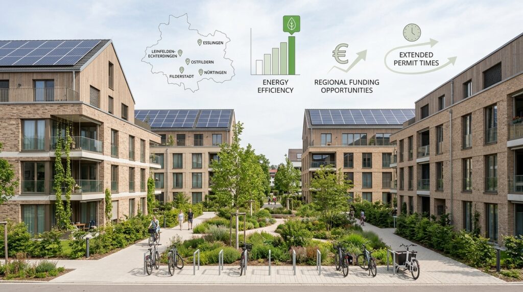 Baustelle und Neubauten in der Filder-Region mit Kran und Wohngebäuden
