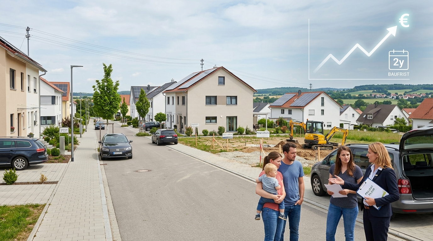 Baustelle im Neubaugebiet mit Baukran und vorbereiteten Grundstücken in der Filderregion