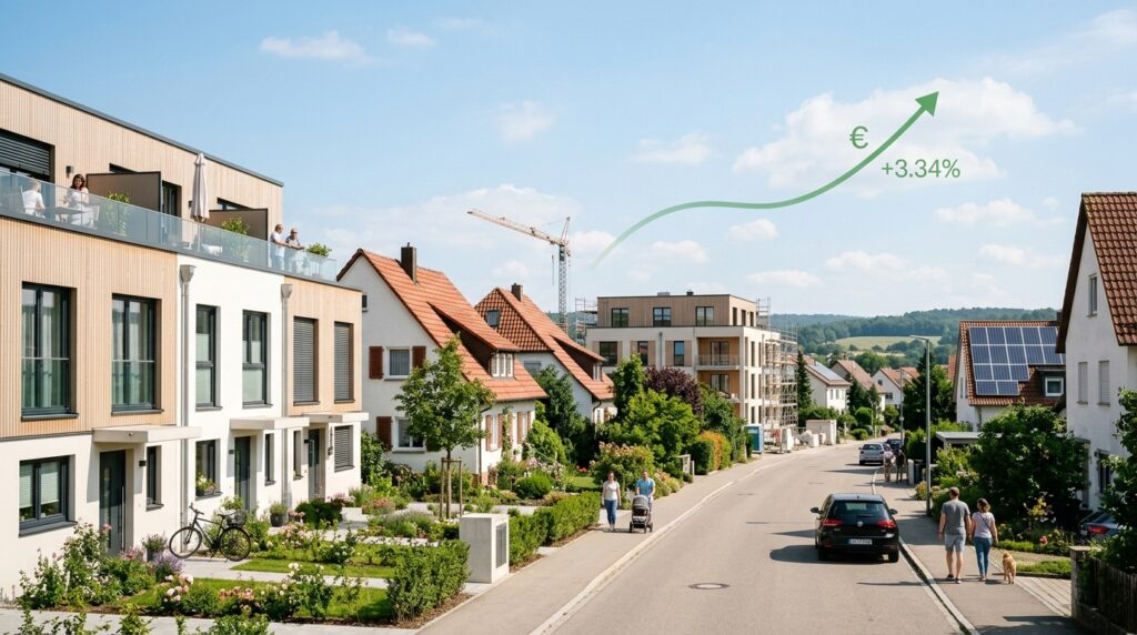 Diagramm steigender Immobilienpreise September 2026 mit Hervorhebung Neubau plus 3,34 Prozent