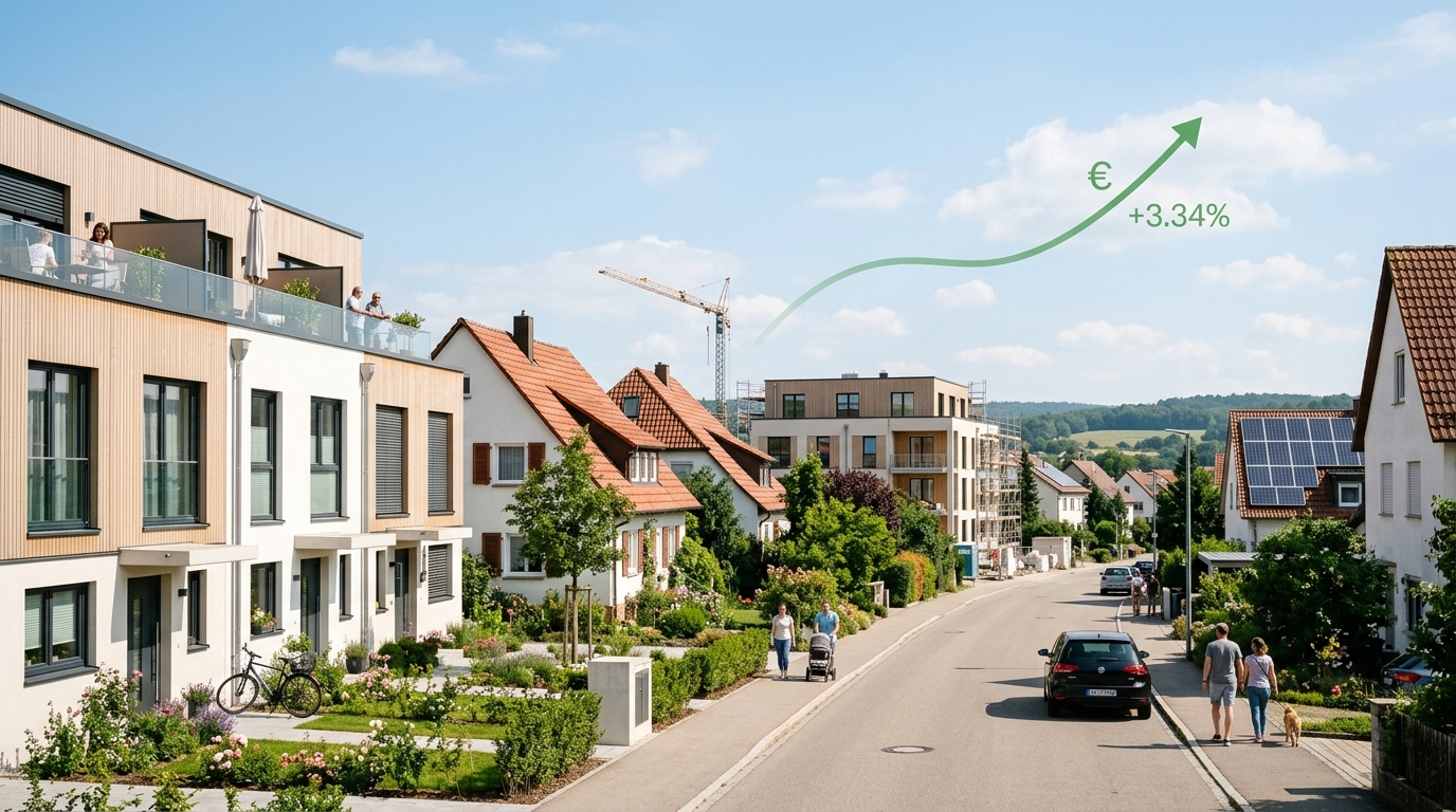 Diagramm steigender Immobilienpreise September 2026 mit Hervorhebung Neubau plus 3,34 Prozent