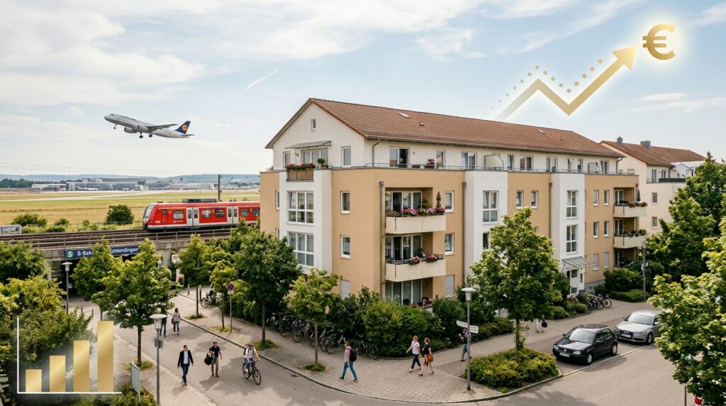 Filder‑Region mit Wohnhäusern, Autobahn und Schienenverbindung als Symbol für Infrastruktur und Immobilienwerte
